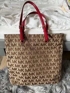 Michael Kors Brown MK Logo Tote with Red Leather Handles